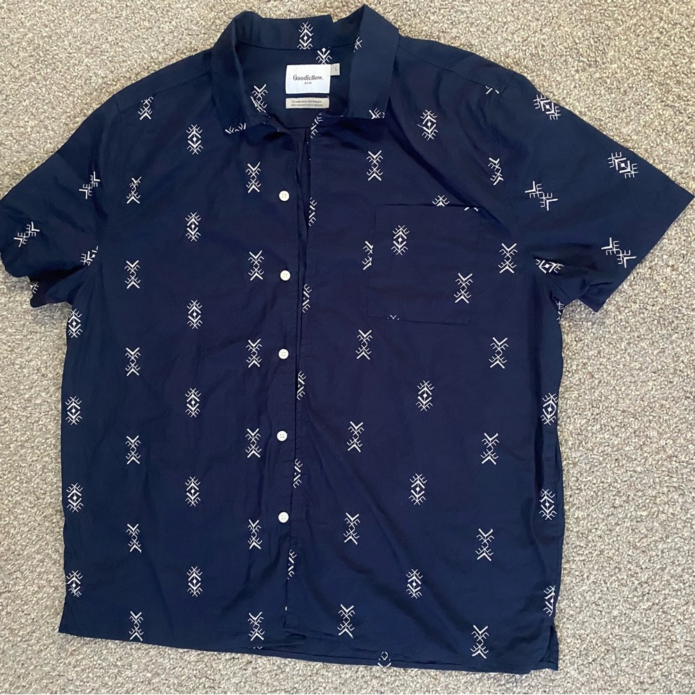 Goodfellow Navy Blue w White Geometric Embroidery Button-Down Shirt Men’s Medium